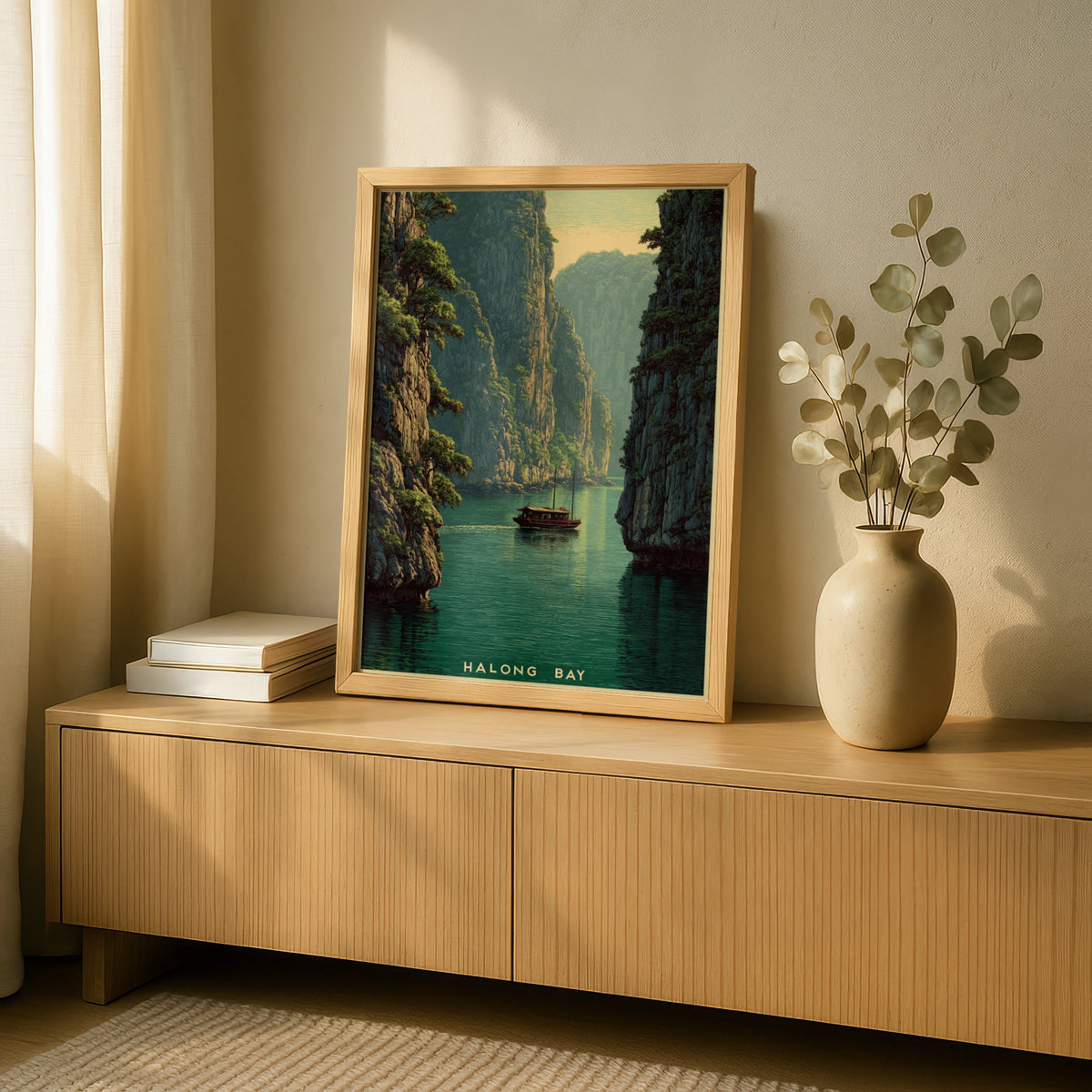 Halong Bay Vietnam Vintage Travel Poster, Retro Junk Boat Wall Art, Teal Green
