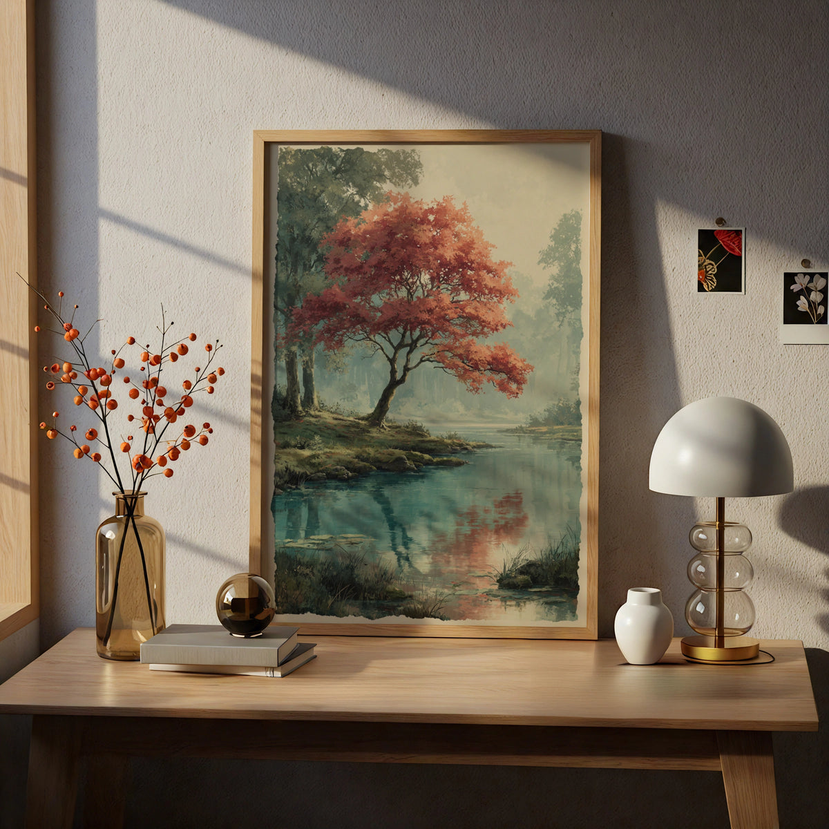 Japanese Maple Tree Poster, Autumn Pond Wall Art, Misty Forest Nature Poster, Red Foliage