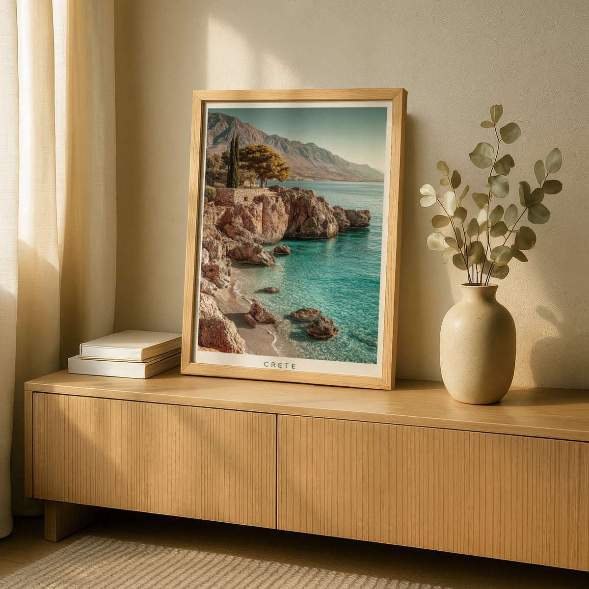 Crete Poster, Greek Island Wall Art, Minimalist Mediterranean Coast, Teal Sea Travel Poster