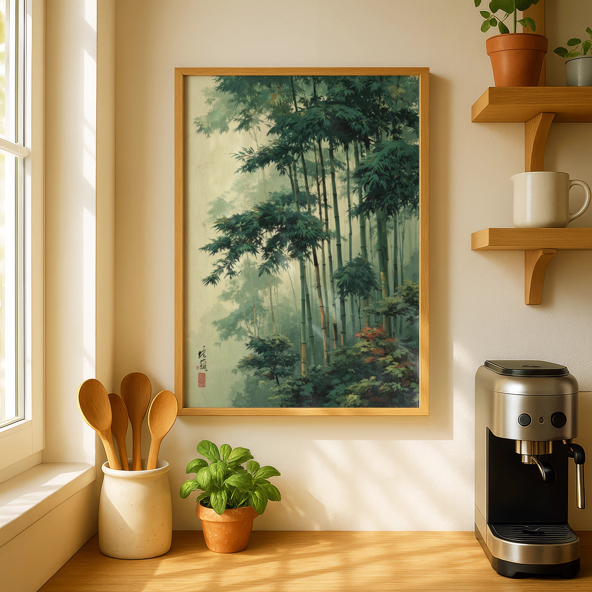 Japanese Bamboo Forest Poster, Botanical Wall Art, Green Zen Woodblock Style Decor