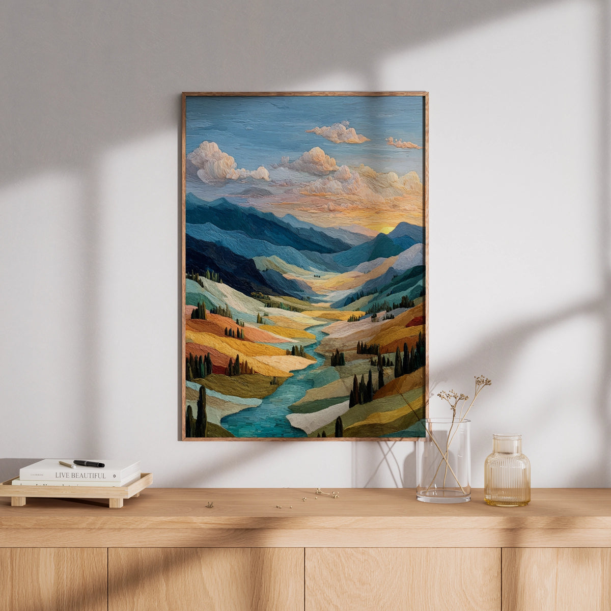 Valley Landscape Poster, Golden Sunset Mountain River Wall Art, Semi-Abstract Nature