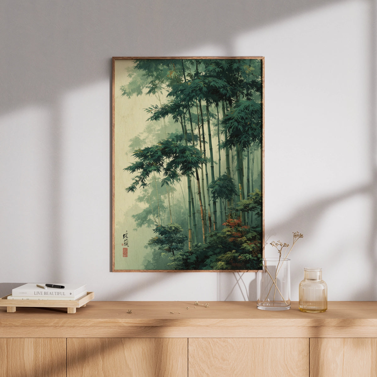 Japanese Bamboo Forest Poster, Botanical Wall Art, Green Zen Woodblock Style Decor