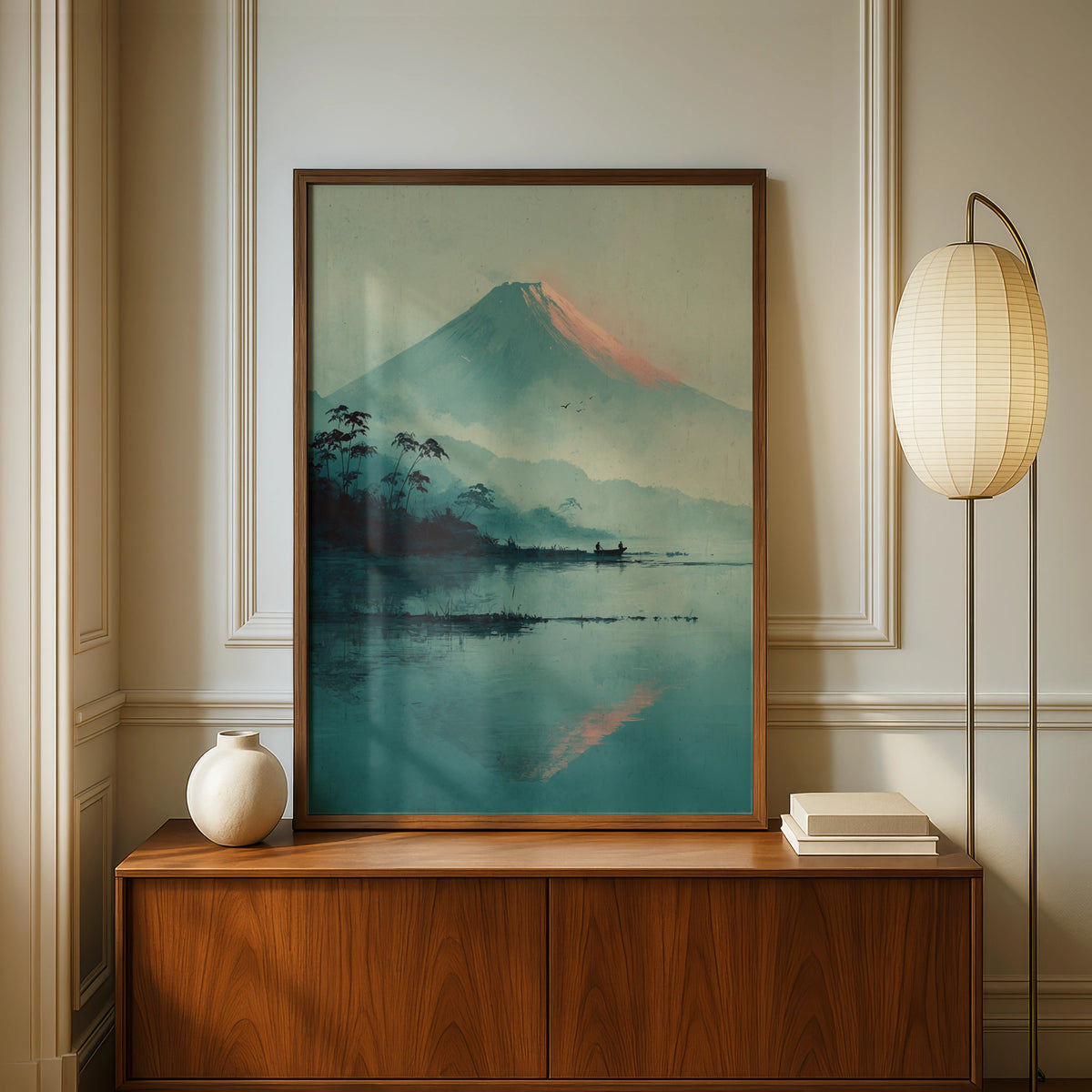 Mount Fuji Japanese Minimalist Poster, Teal Lake Landscape, Zen Wall Art Decor