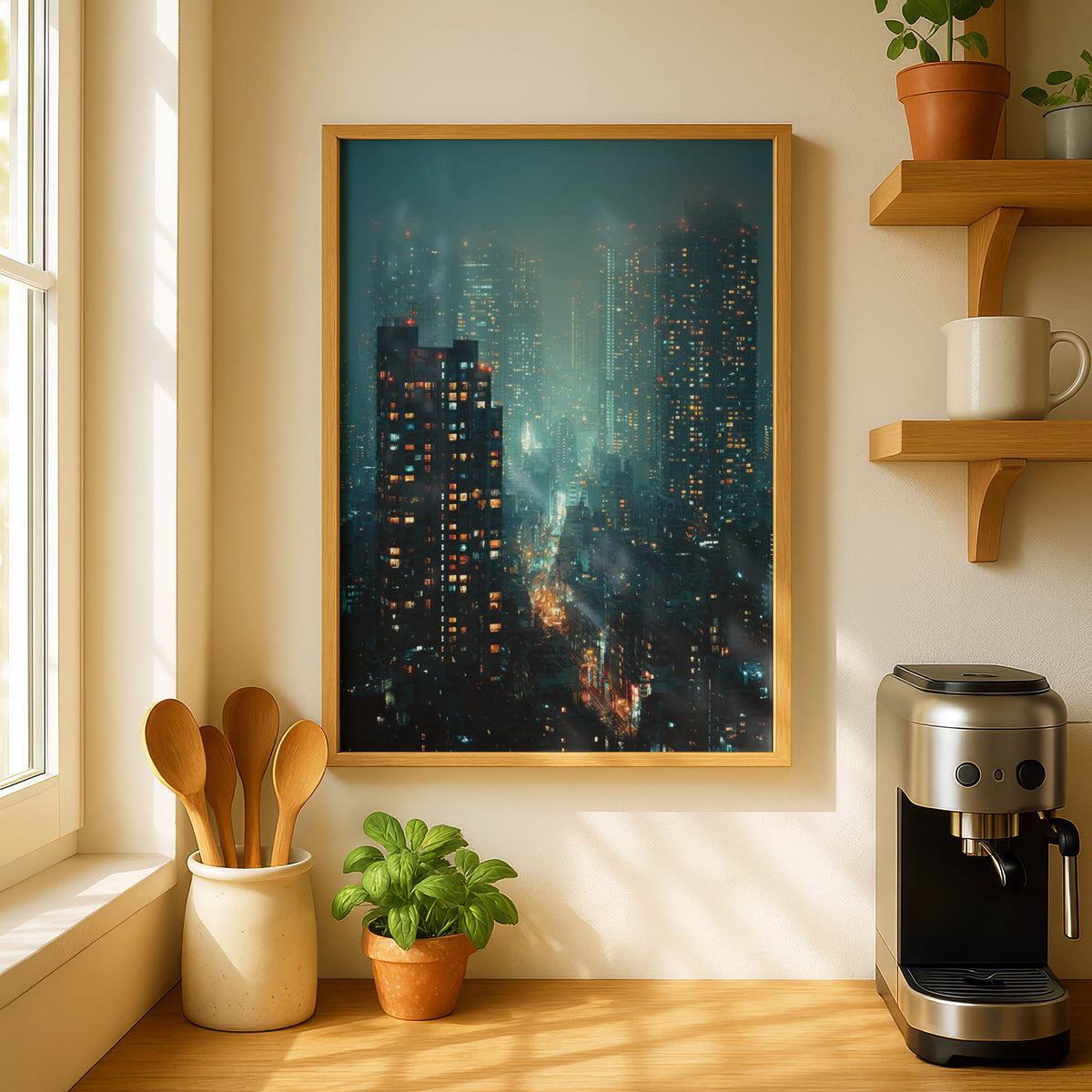 Tokyo Night City Poster, Japanese Skyline Wall Art, Moody Teal Urban Cityscape Decor