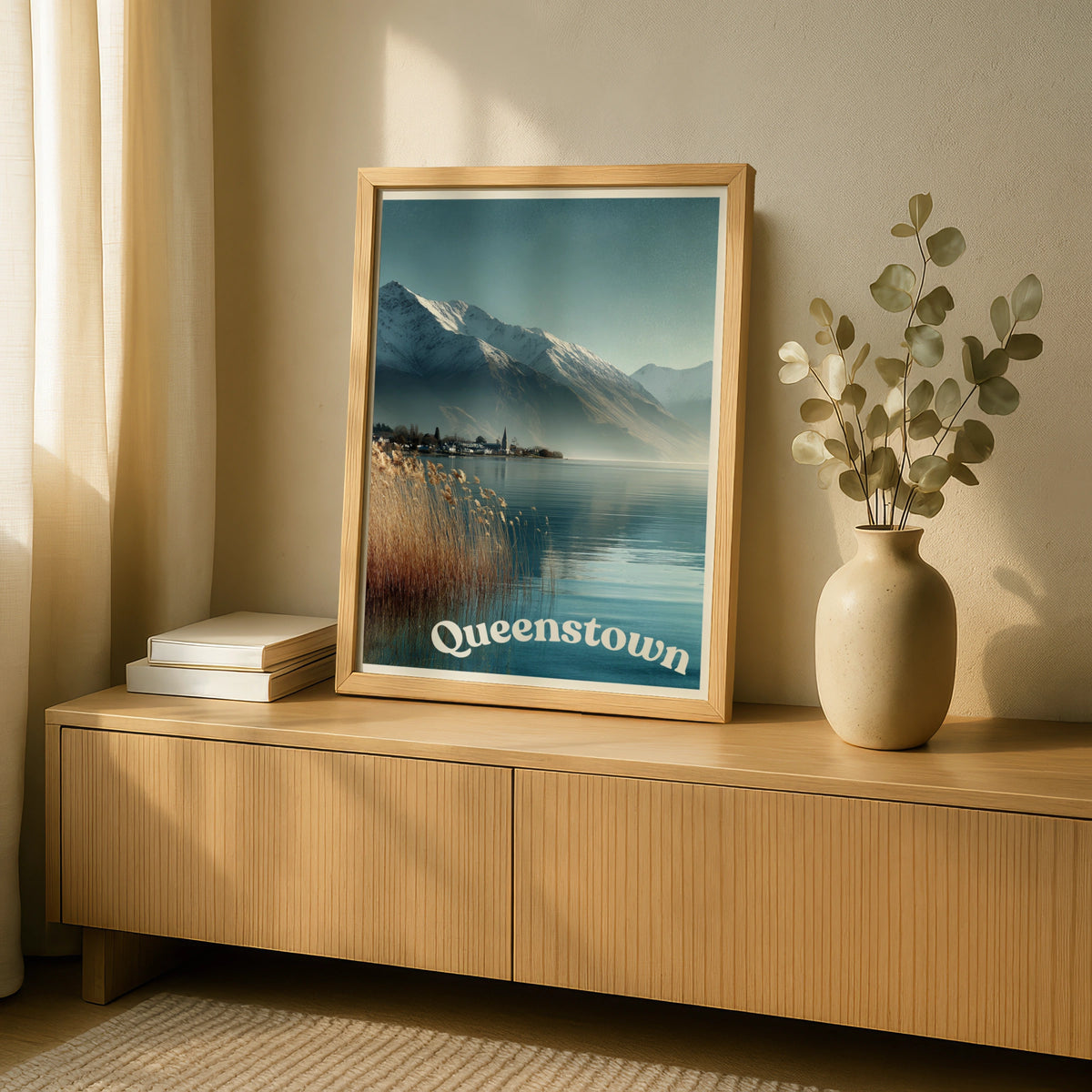 Queenstown New Zealand Poster, Minimalist Travel Wall Art, Lake Mountain Decor