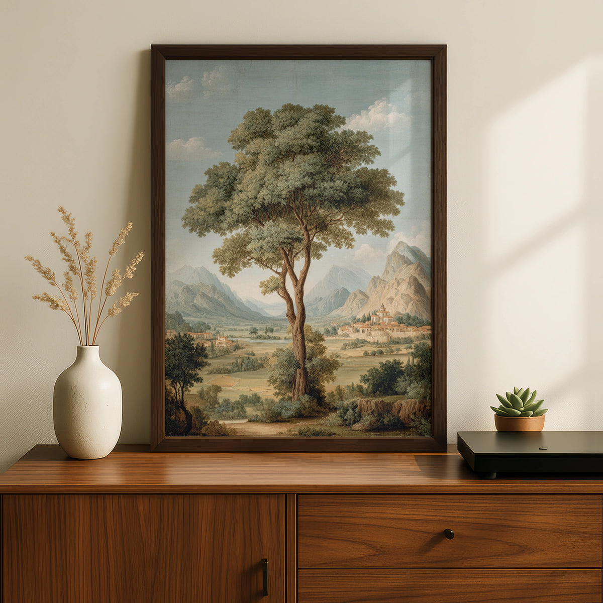 Ancient Tree Mountain Valley Poster, Classic European Landscape Art, Nature Wall Decor