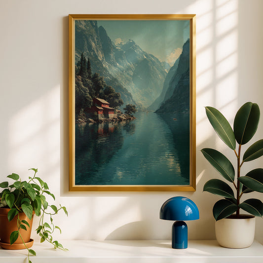 Vintage Scandinavian Fjord Travel Poster, Norway Mountain Lake Wall Art, Retro Nordic Landscape
