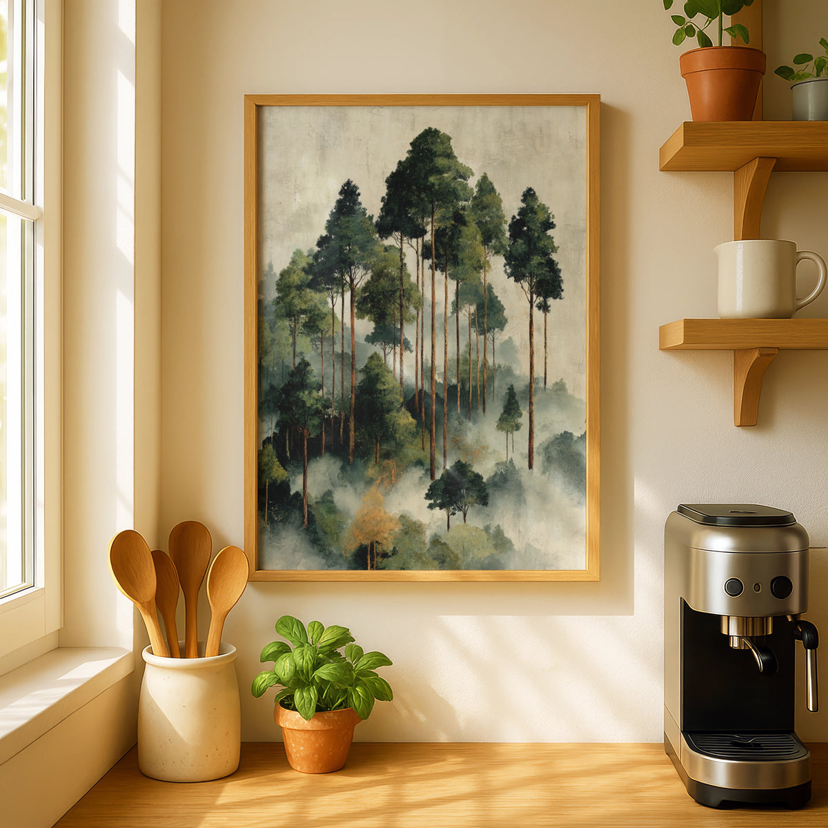 Misty Forest Poster, Abstract Foggy Trees Wall Art, Green Nature Poster, Woodland
