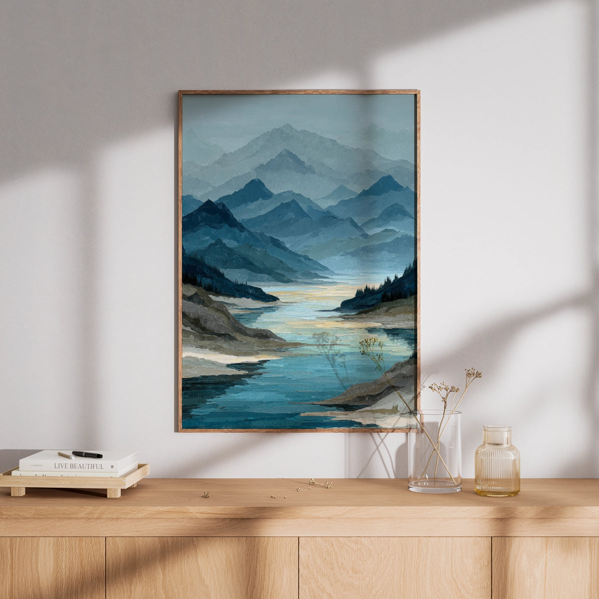 Mountain Lake Reflection Poster, Semi Abstract Landscape, Teal Blue Wall Art