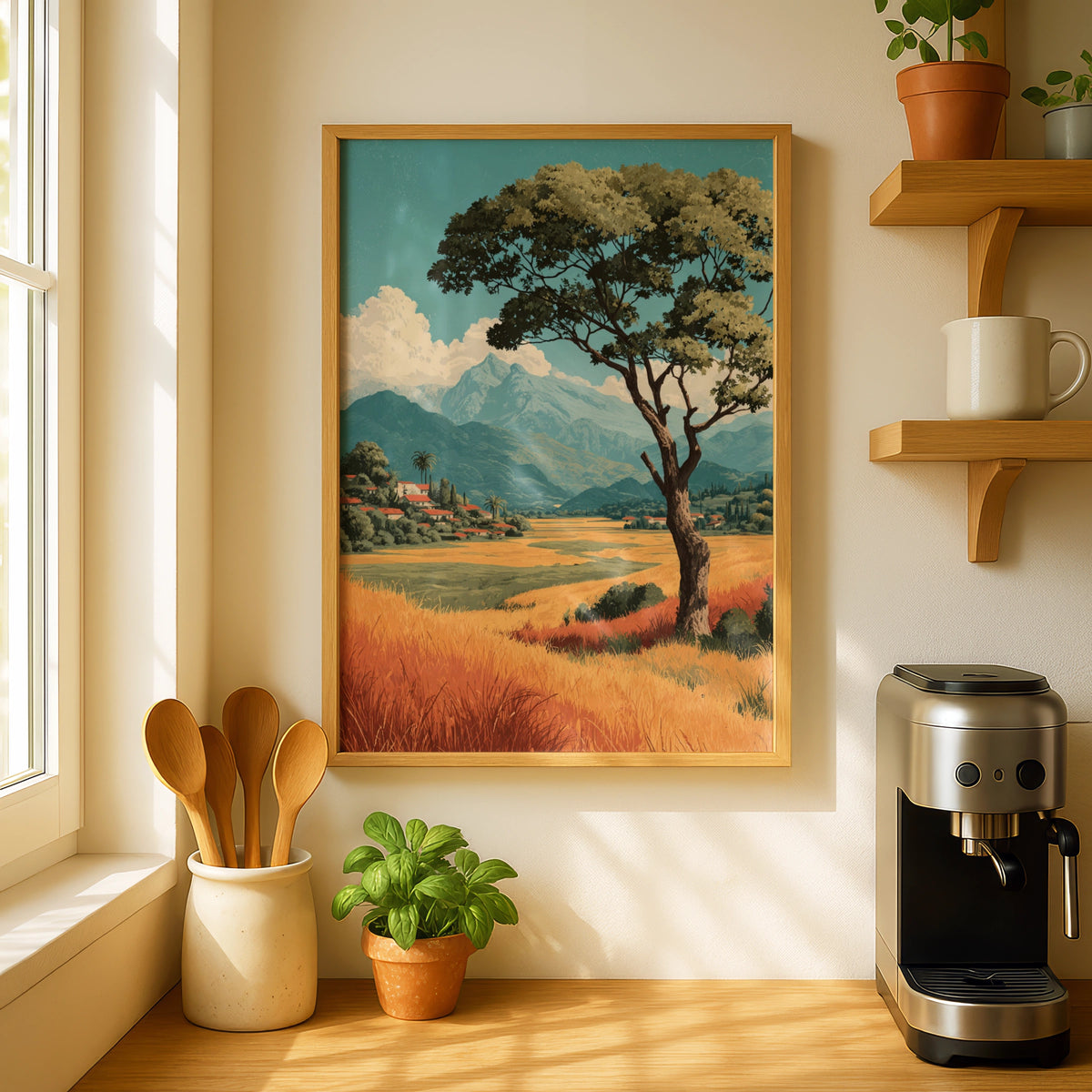 Vintage European Countryside Landscape Poster, Solitary Tree Nature Wall Art, Rustic Village