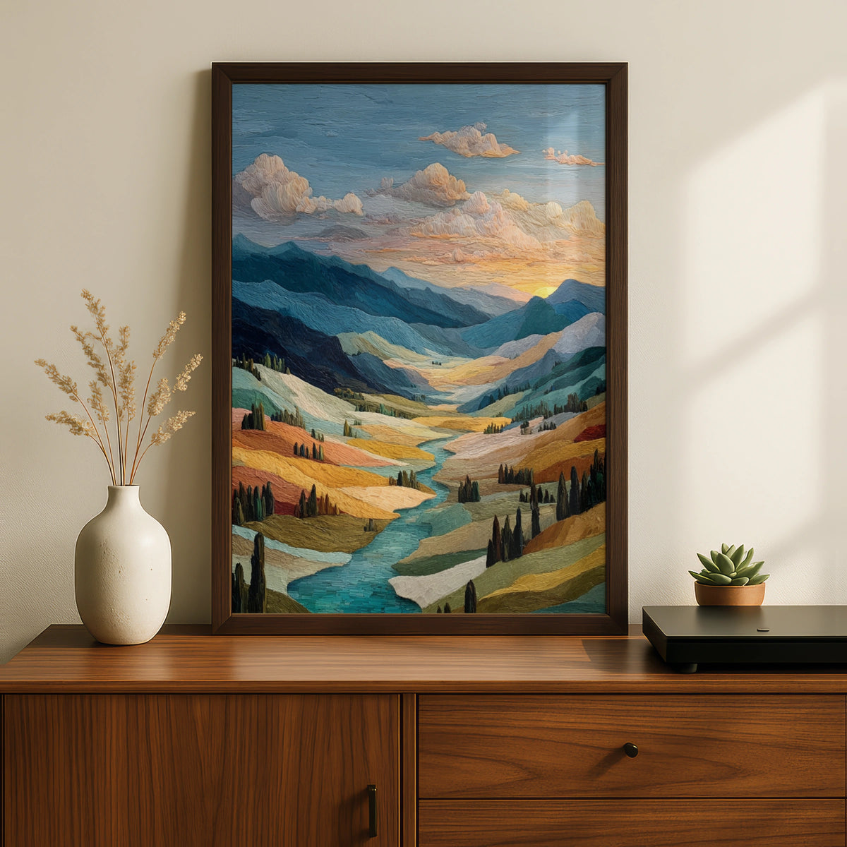 Valley Landscape Poster, Golden Sunset Mountain River Wall Art, Semi-Abstract Nature