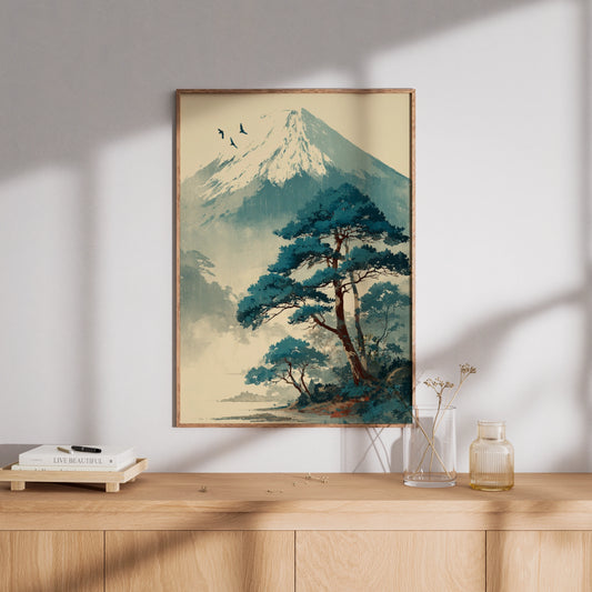 Mount Fuji Japanese Landscape Poster, Pine Tree Wall Art, Teal Blue Misty Mountain Decor