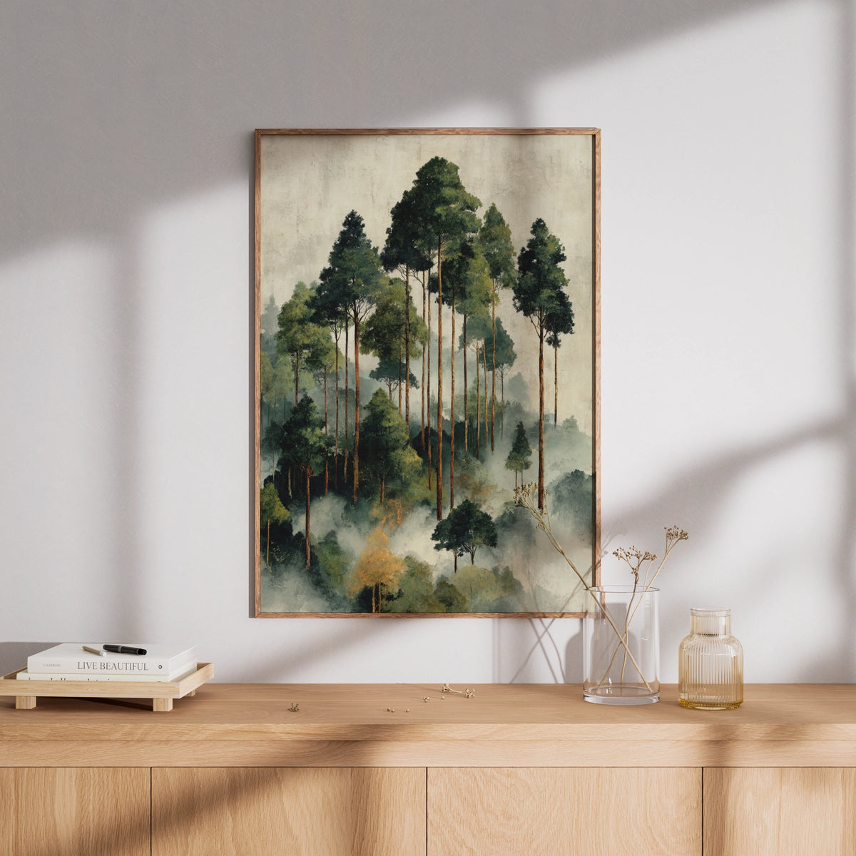Misty Forest Poster, Abstract Foggy Trees Wall Art, Green Nature Poster, Woodland