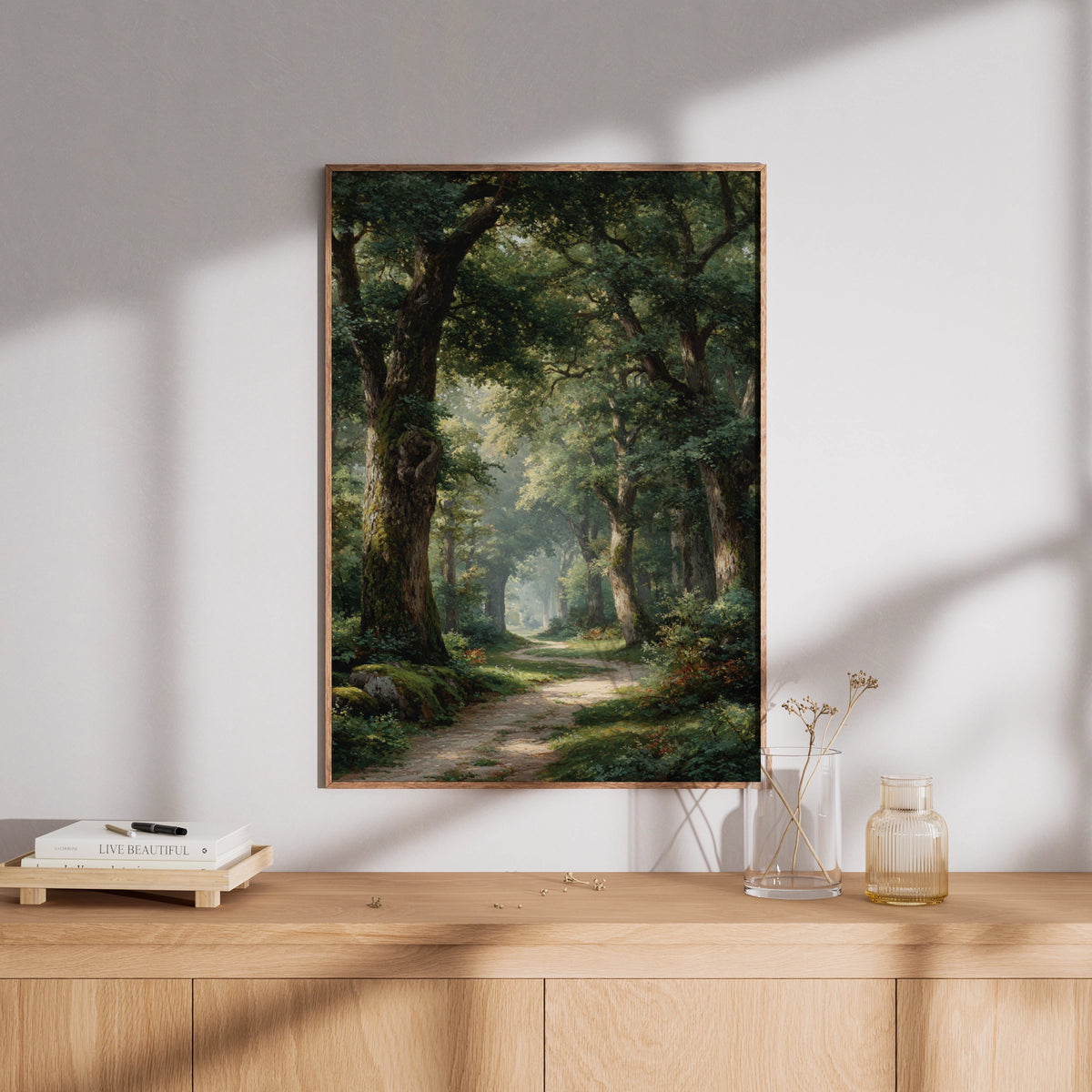 Forest Pathway Poster, Peaceful Woodland Wall Art, Ancient Trees Nature Poster, Green