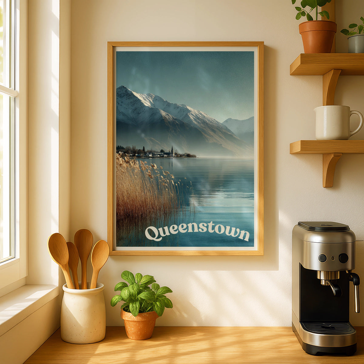 Queenstown New Zealand Poster, Minimalist Travel Wall Art, Lake Mountain Decor