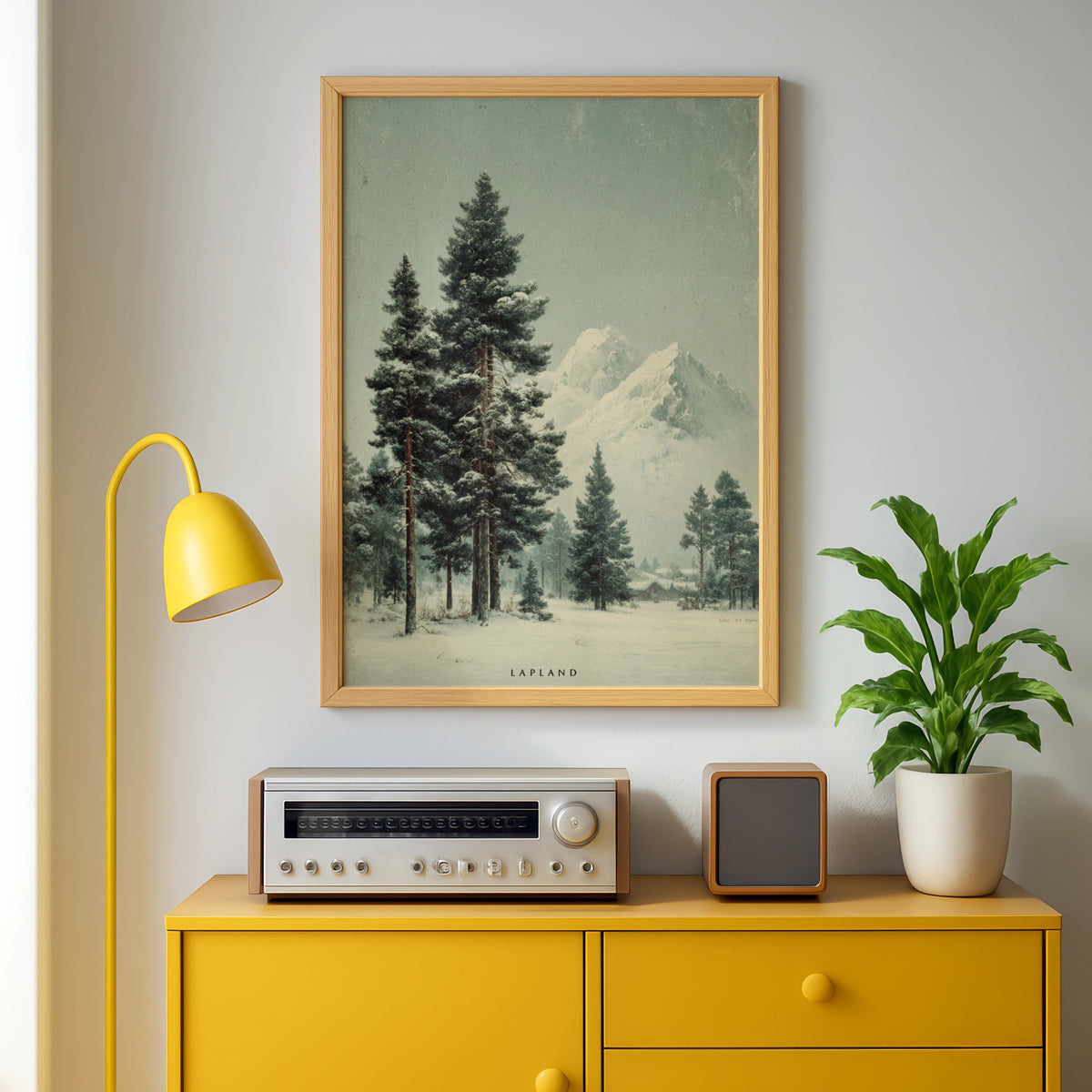 Lapland Winter Poster, Nordic Pine Forest Snow Mountain, Scandinavian Wall Art