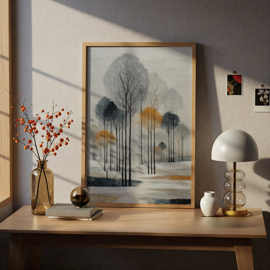 Winter Landscape Poster, Minimalist Tree Art, Grey Gold Wall Decor, Snowy Forest