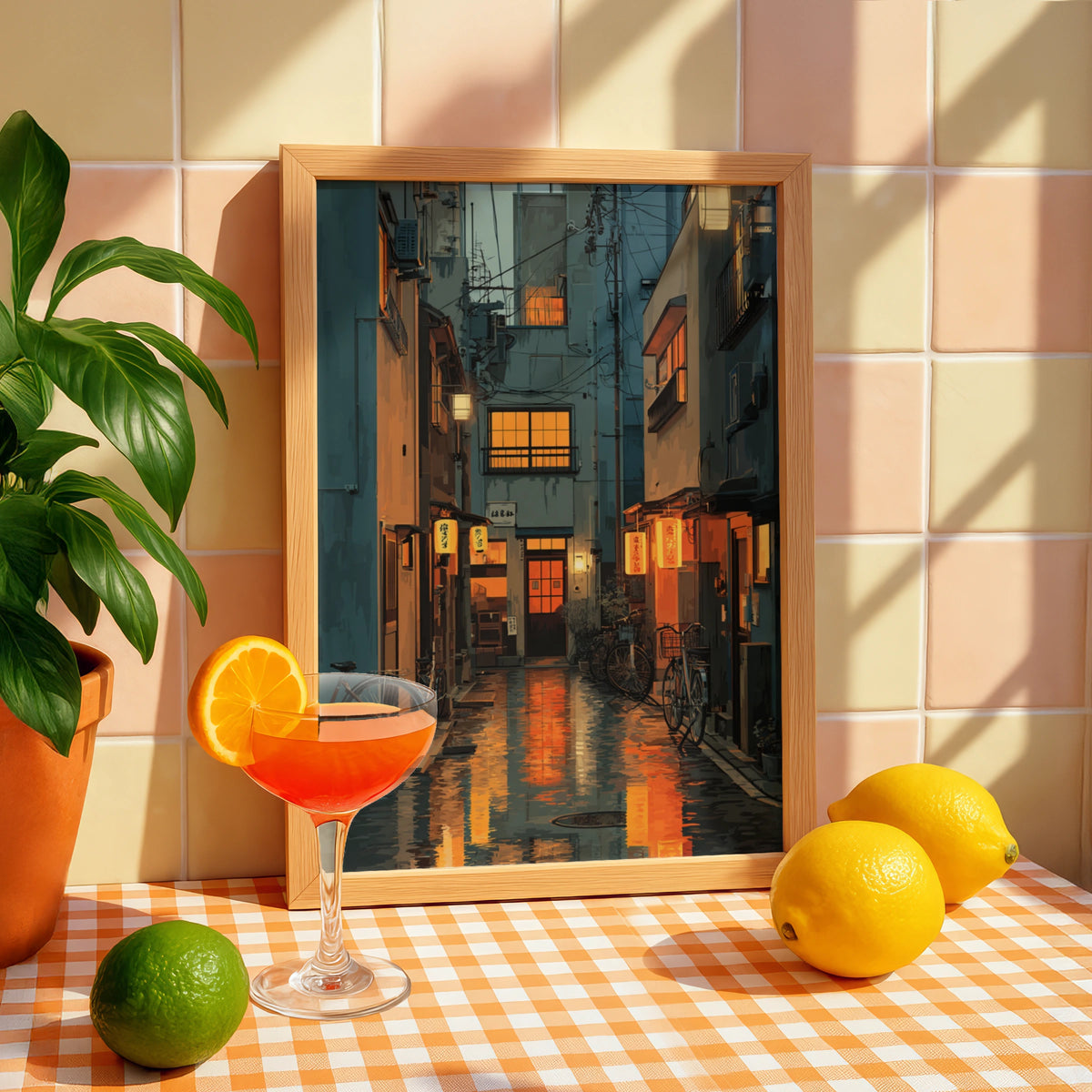 Tokyo Side Street Poster, Japanese Alley Night Art, Lantern Glow Urban Wall Decor