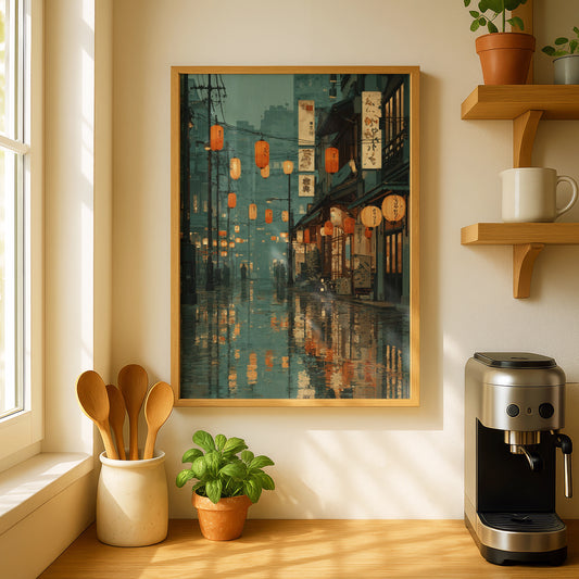 Japanese Street Scene Poster, Rainy Night Lanterns, Teal Orange Urban Wall Art