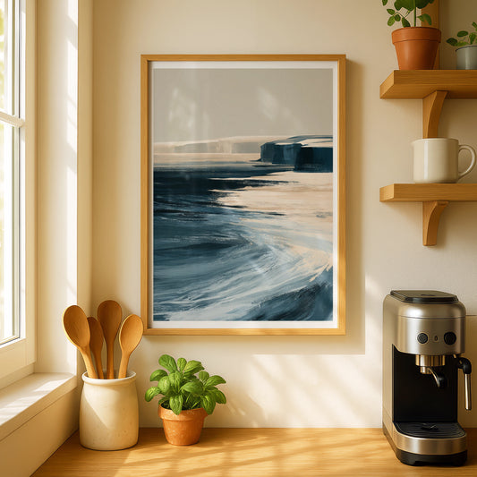 Semi Abstract Ocean Cliffs Poster, Coastal Wall Art, Teal Blue Seascape, Minimalist