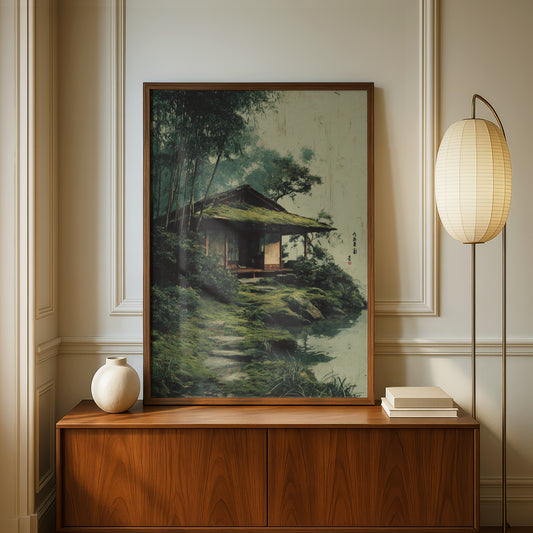 Japanese Tea House Poster, Bamboo Forest Wall Art, Zen Garden, Moss Cottage, Japandi Decor