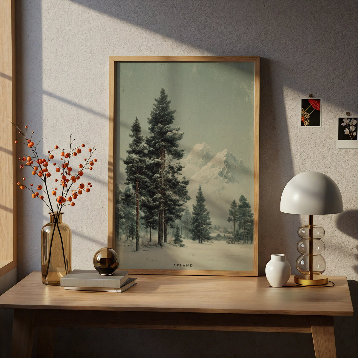 Lapland Winter Poster, Nordic Pine Forest Snow Mountain, Scandinavian Wall Art