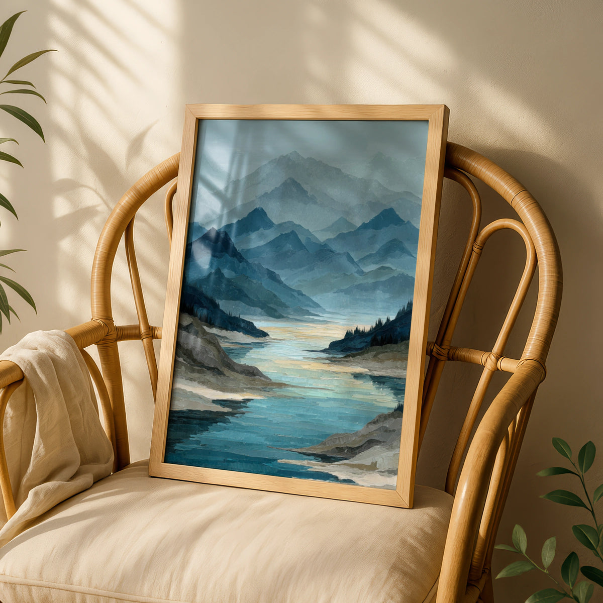 Mountain Lake Reflection Poster, Semi Abstract Landscape, Teal Blue Wall Art