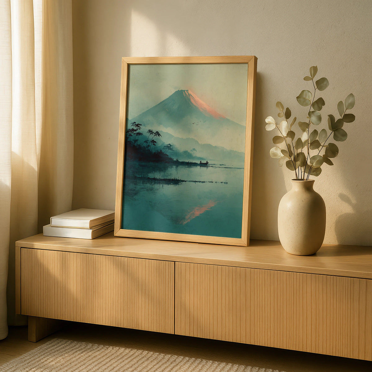 Mount Fuji Japanese Minimalist Poster, Teal Lake Landscape, Zen Wall Art Decor