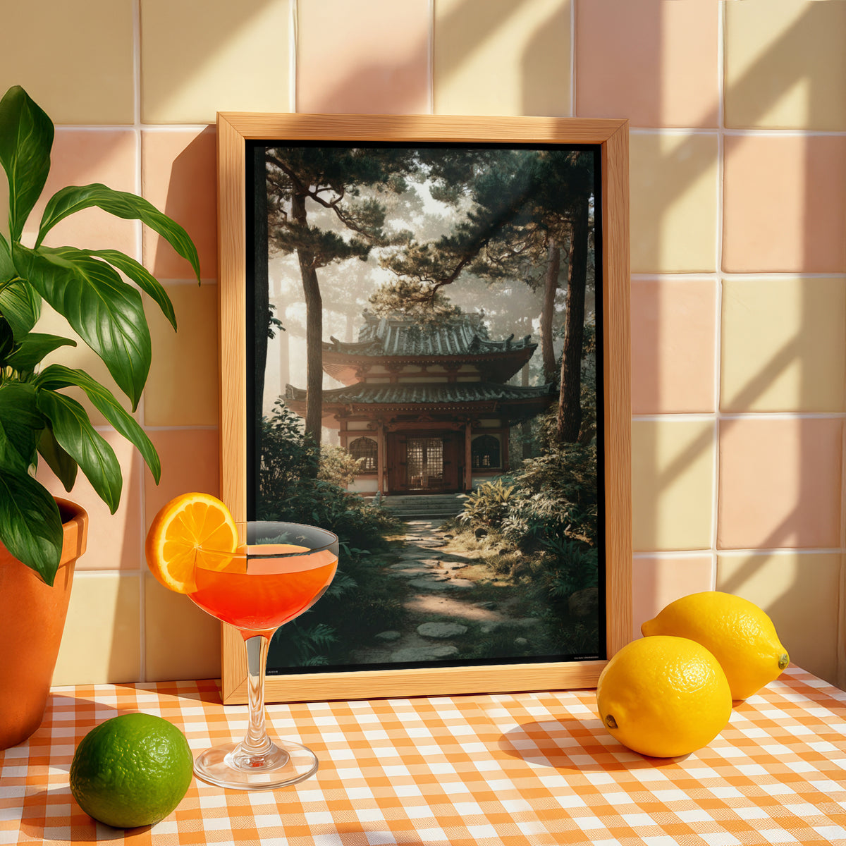 Japanese Temple Forest Poster, Zen Woodland Shrine Wall Art, Misty Pine Tree Nature Decor