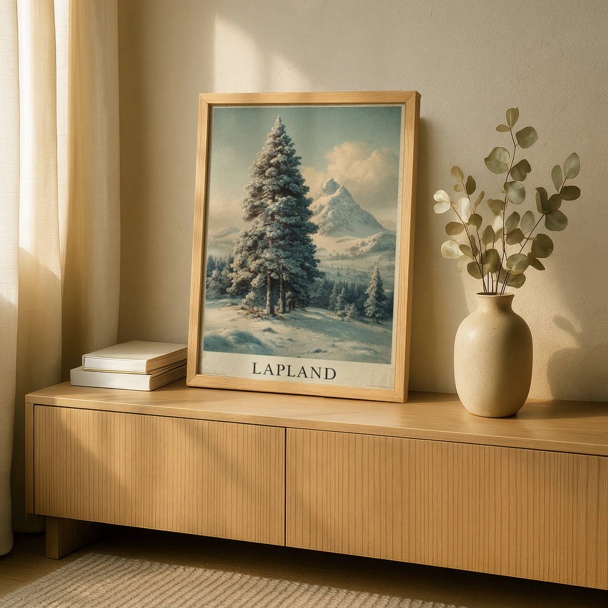 Finnish Lapland Vintage Travel Poster, Winter Snow Pine Tree Mountain Wall Art