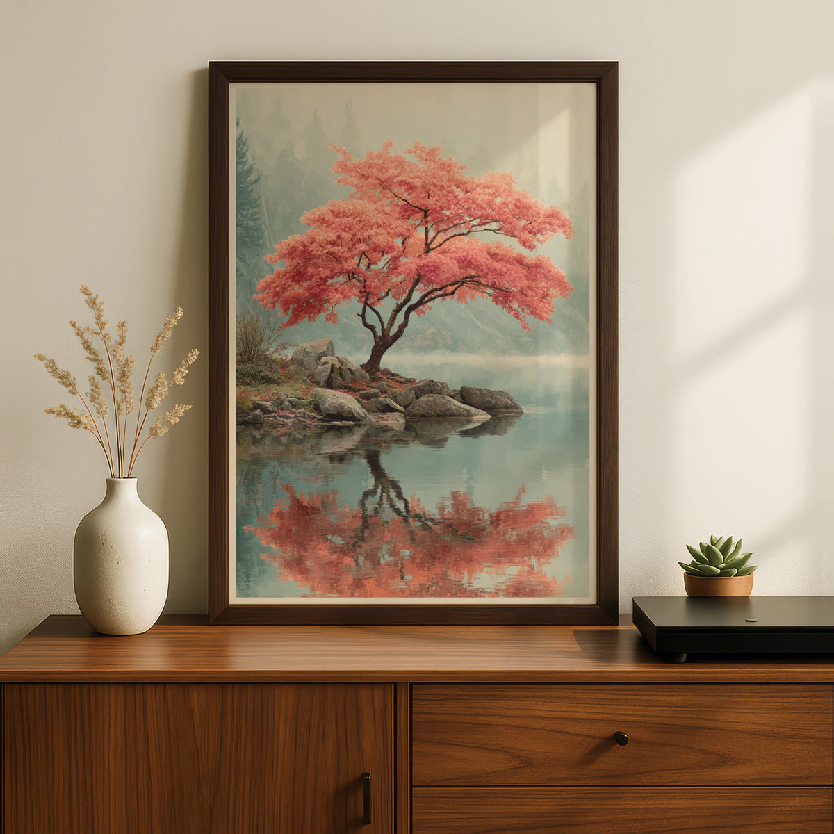 Japanese Maple Tree Poster, Elegant Nature Wall Art, Misty Lake Reflection, Red Autumn Decor