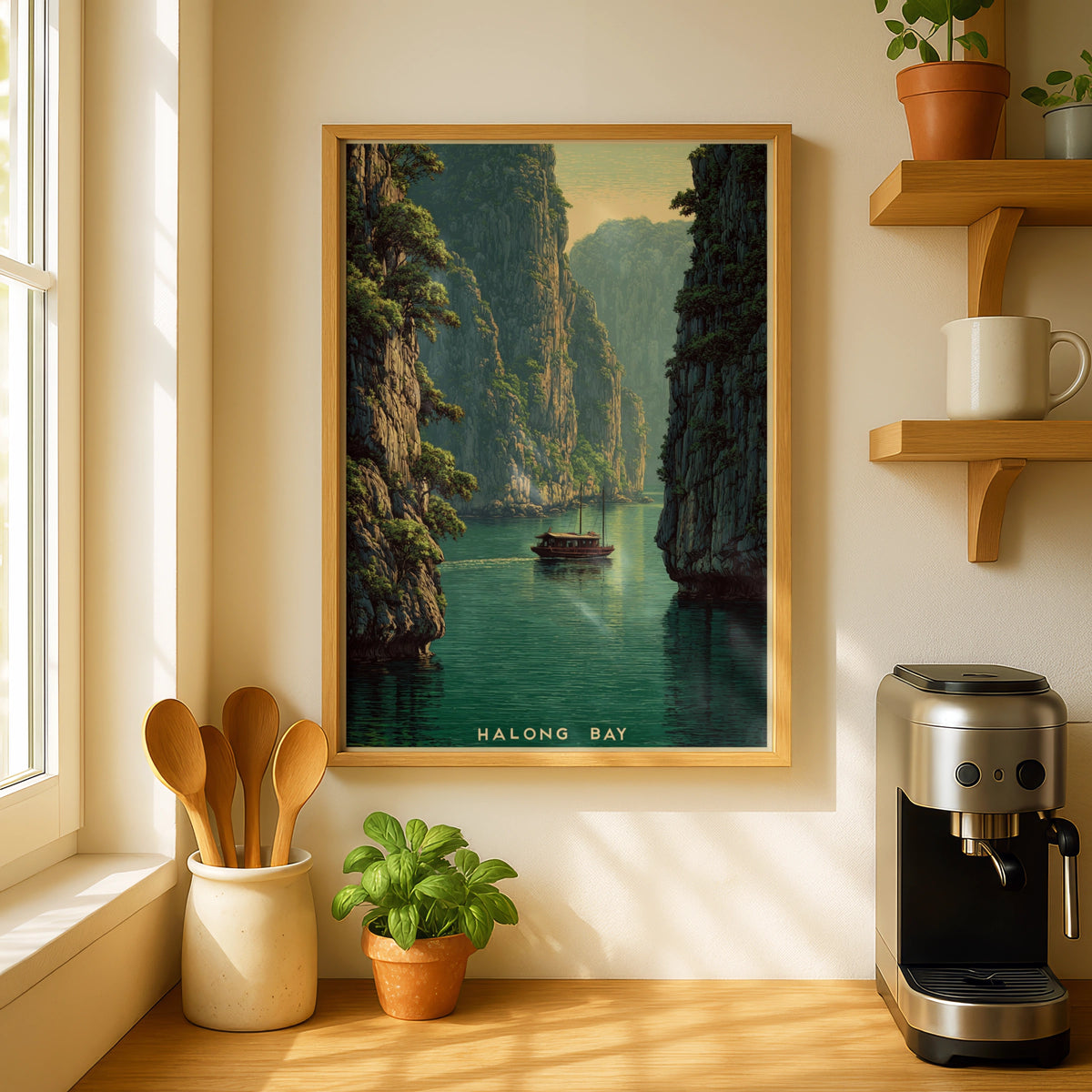 Halong Bay Vietnam Vintage Travel Poster, Retro Junk Boat Wall Art, Teal Green