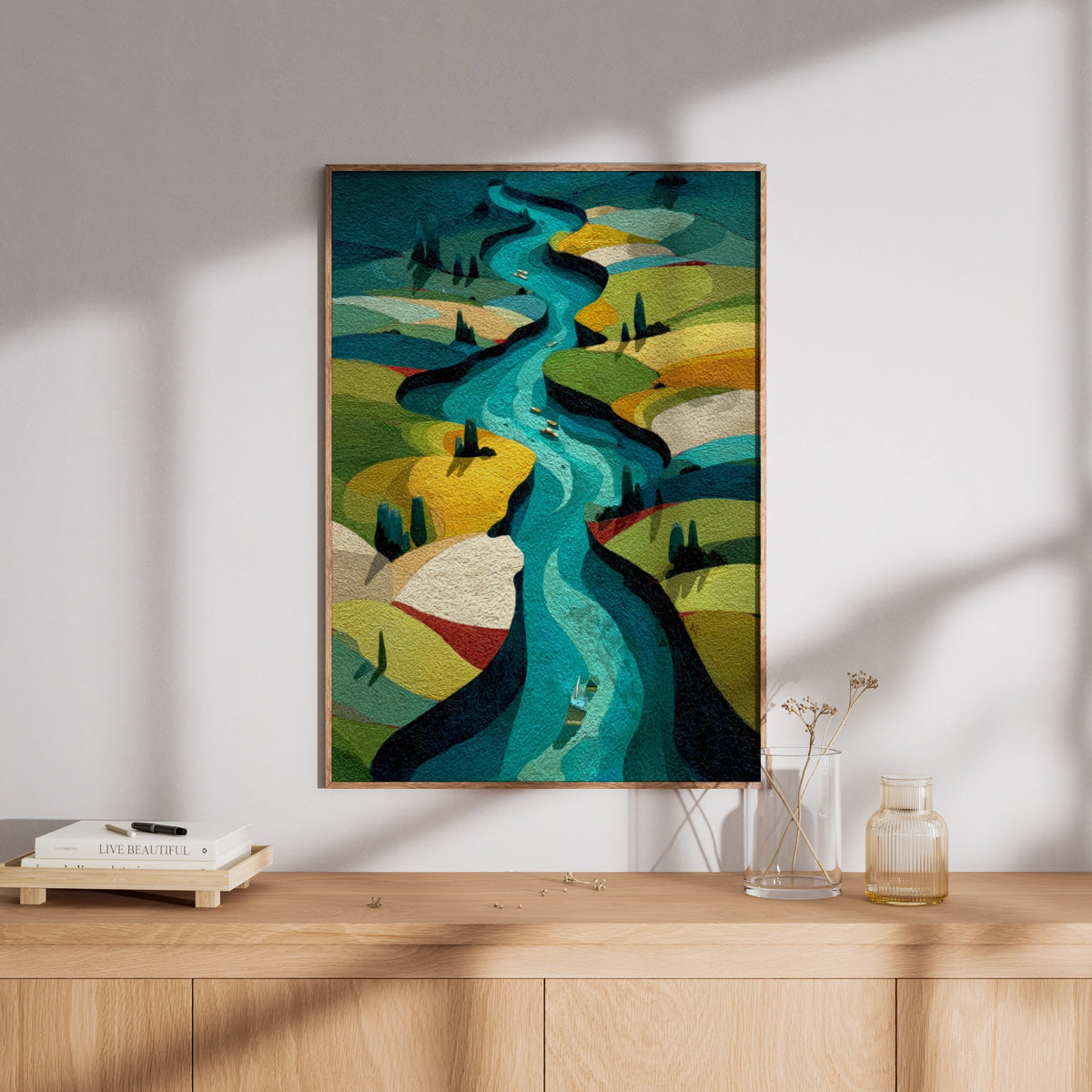 Winding River Aerial Landscape Poster, Abstract Nature Wall Art, Teal Green