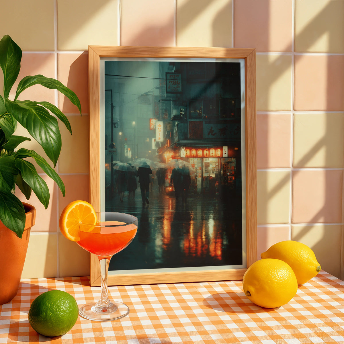 Tokyo Rain Street Scene Poster, Japanese Urban Art, Neon Lights, Moody City Wall Art