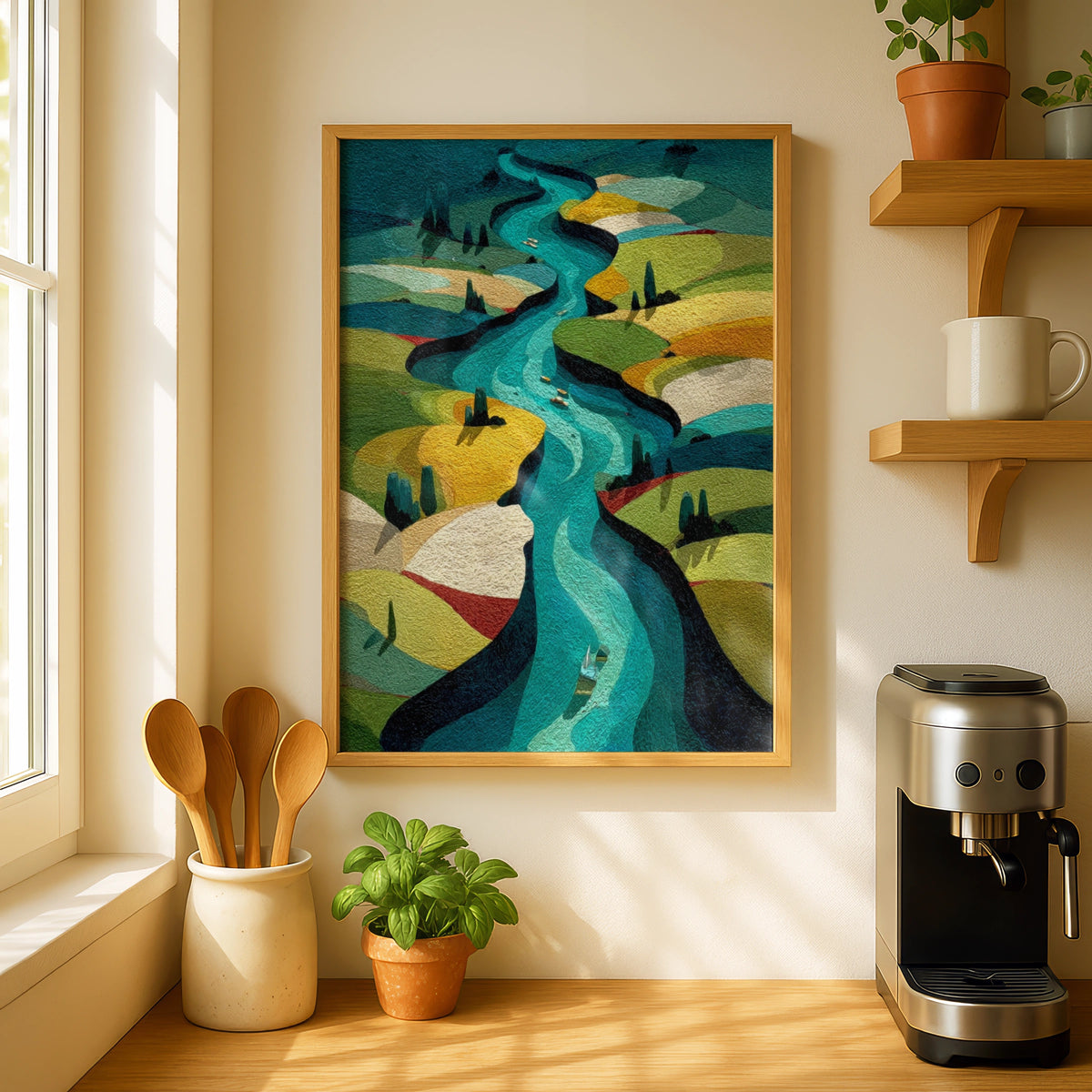 Winding River Aerial Landscape Poster, Abstract Nature Wall Art, Teal Green