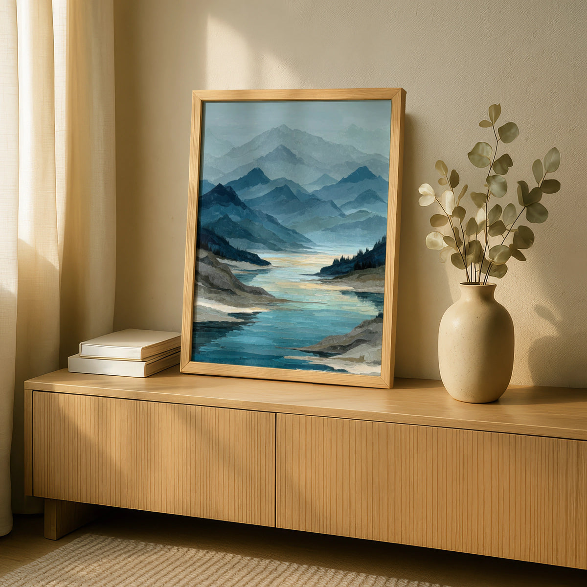 Mountain Lake Reflection Poster, Semi Abstract Landscape, Teal Blue Wall Art