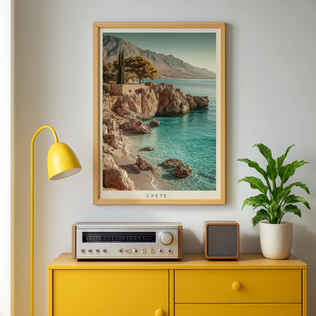 Crete Poster, Greek Island Wall Art, Minimalist Mediterranean Coast, Teal Sea Travel Poster
