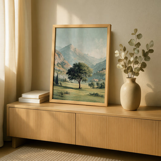 Vintage European Mountain Valley Poster, Nature Wall Art, Landscape, Sage Green Decor