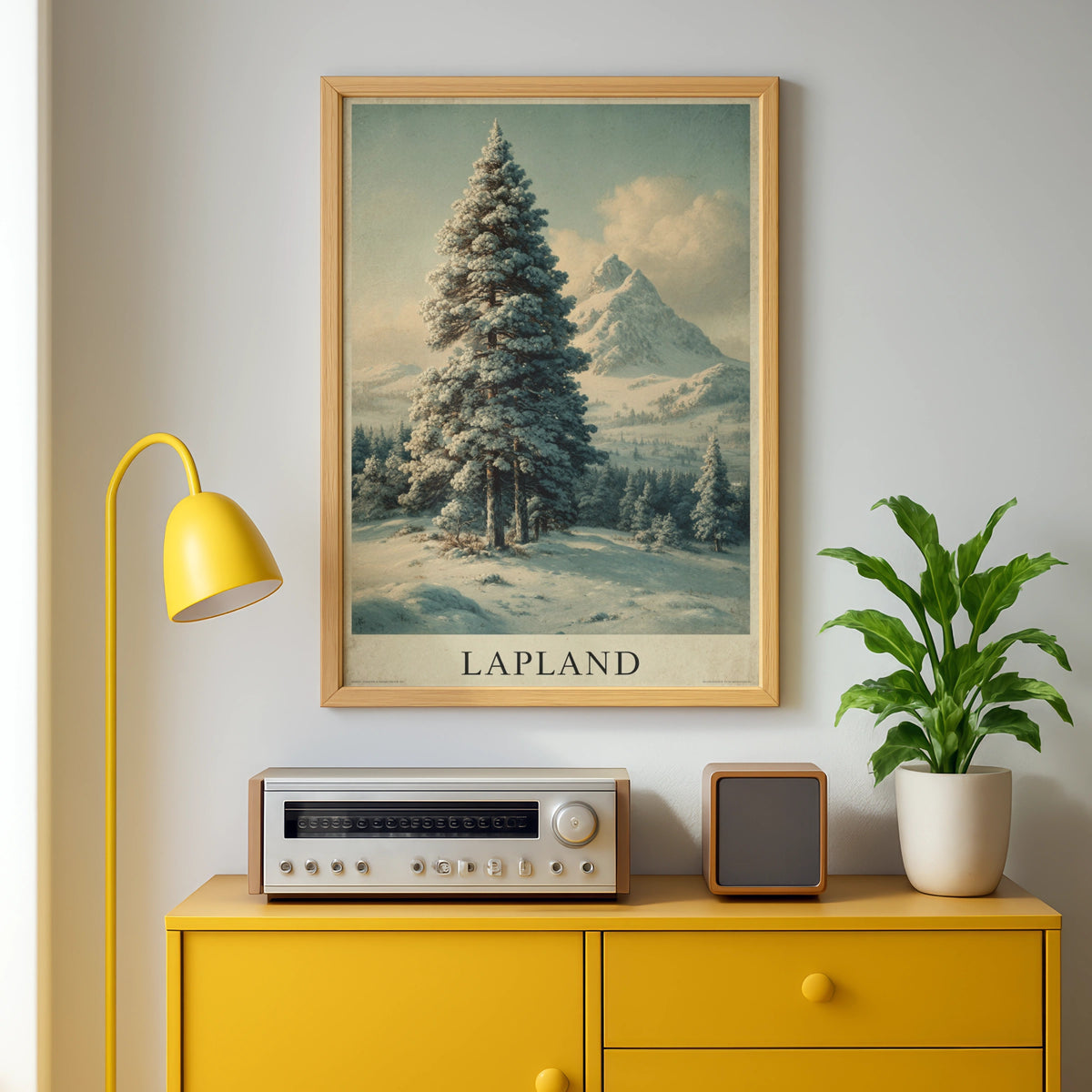 Finnish Lapland Vintage Travel Poster, Winter Snow Pine Tree Mountain Wall Art