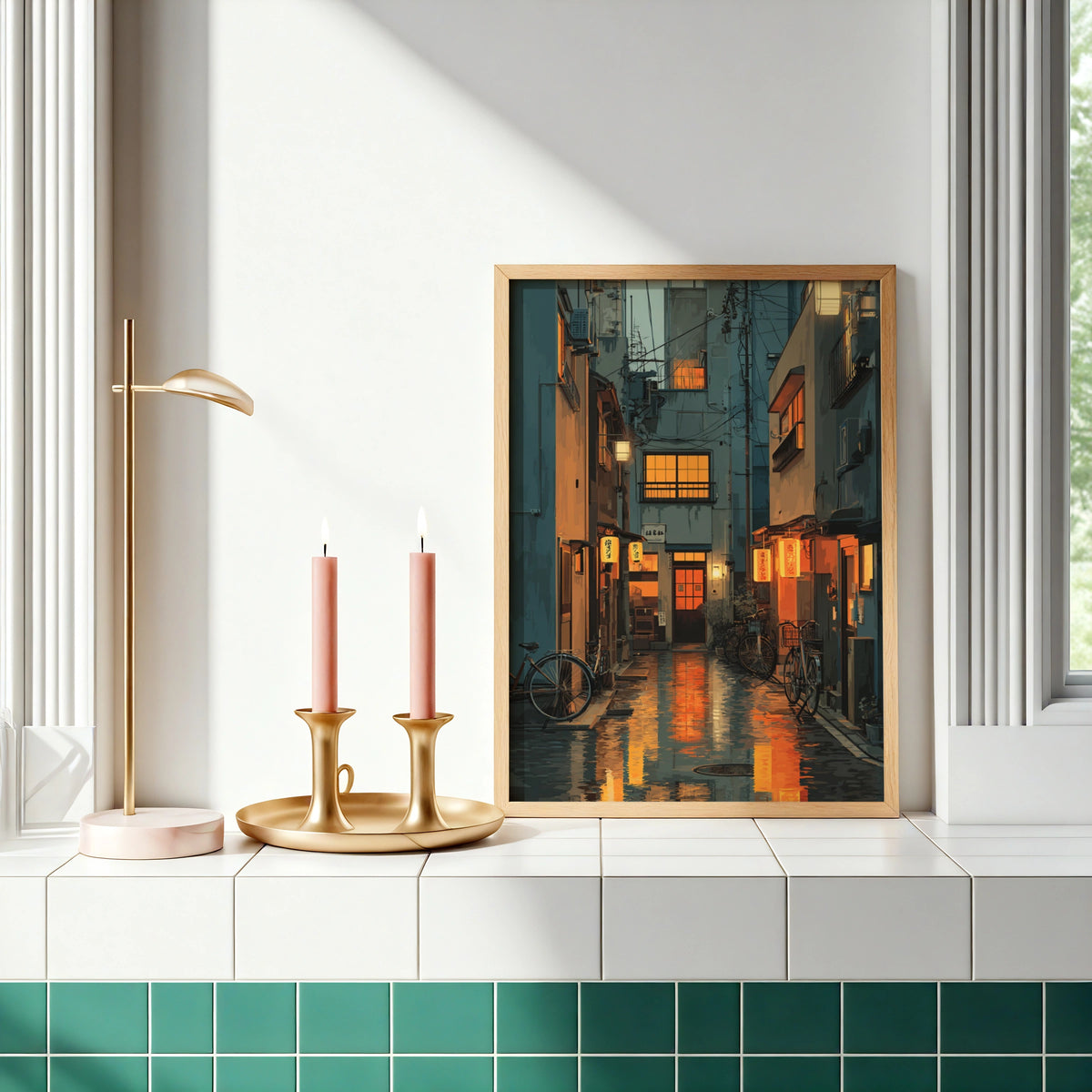 Tokyo Side Street Poster, Japanese Alley Night Art, Lantern Glow Urban Wall Decor