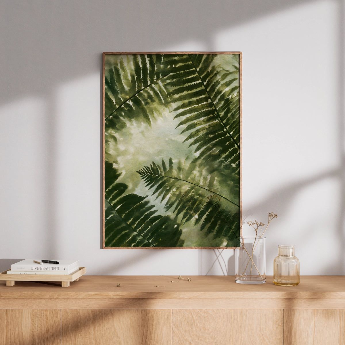 Giant Fern Leaves Poster, Botanical Green Wall Art, Filtered Sunlight Nature Poster