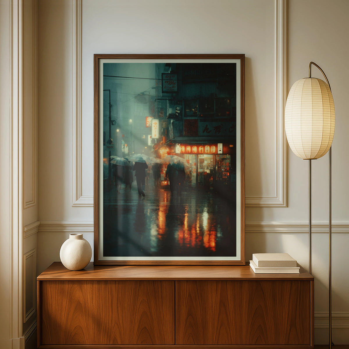 Tokyo Rain Street Scene Poster, Japanese Urban Art, Neon Lights, Moody City Wall Art