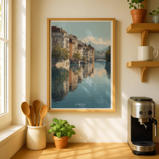 Zurich Travel Poster, Switzerland Fine Art, Minimalist City Wall Art, Swiss Alps Gift