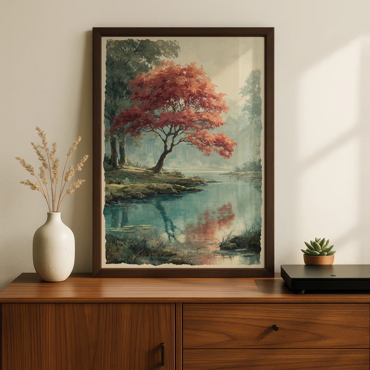 Japanese Maple Tree Poster, Autumn Pond Wall Art, Misty Forest Nature Poster, Red Foliage