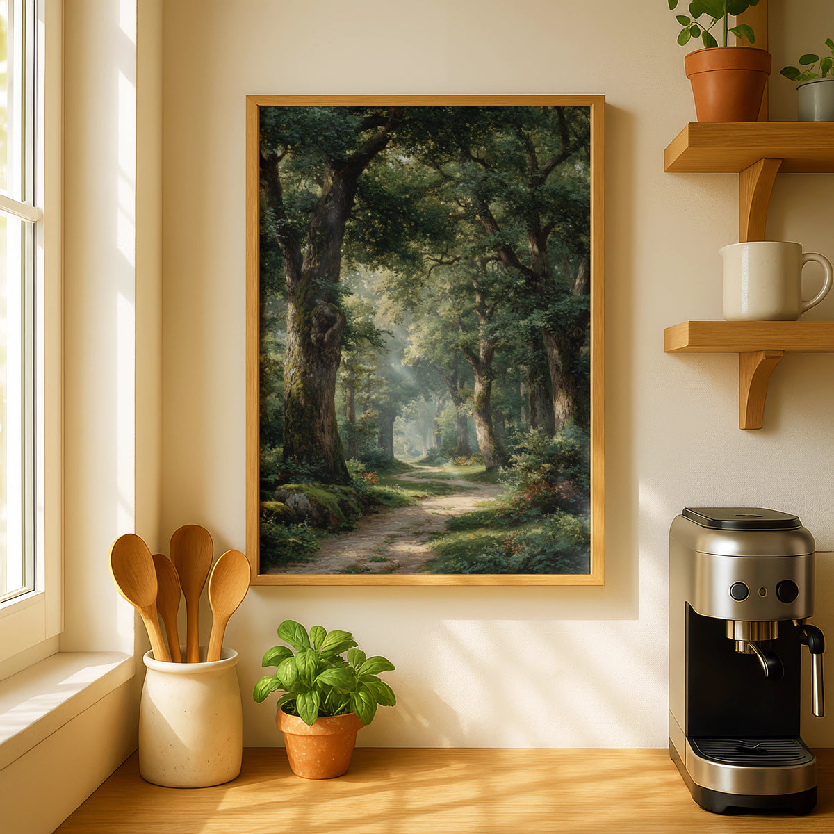 Forest Pathway Poster, Peaceful Woodland Wall Art, Ancient Trees Nature Poster, Green