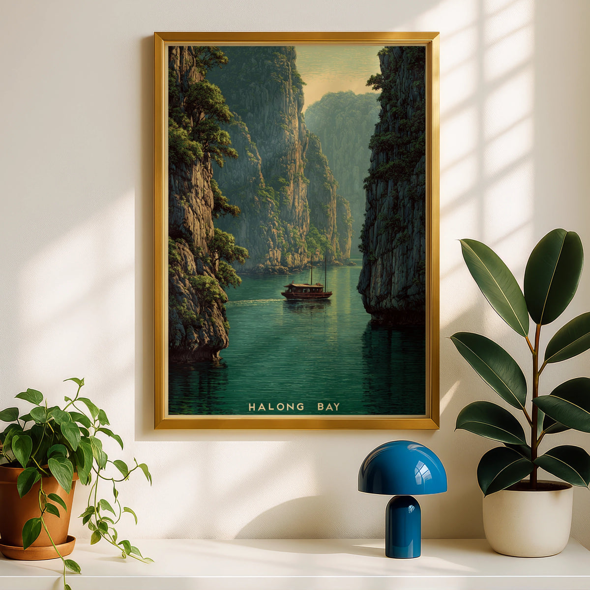 Halong Bay Vietnam Vintage Travel Poster, Retro Junk Boat Wall Art, Teal Green