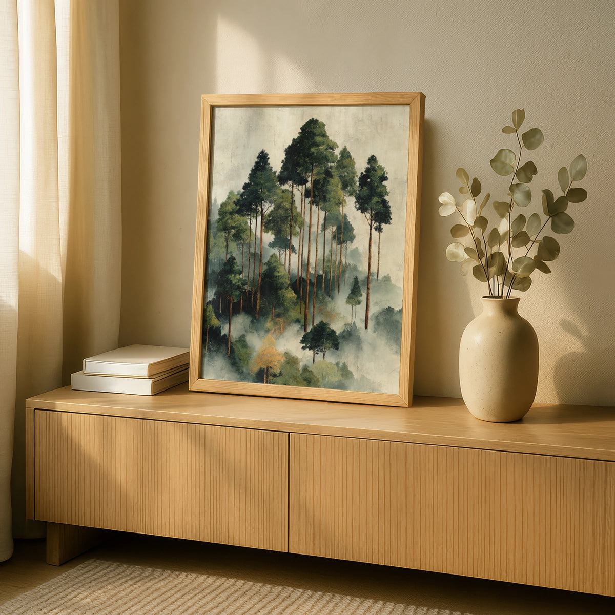 Misty Forest Poster, Abstract Foggy Trees Wall Art, Green Nature Poster, Woodland