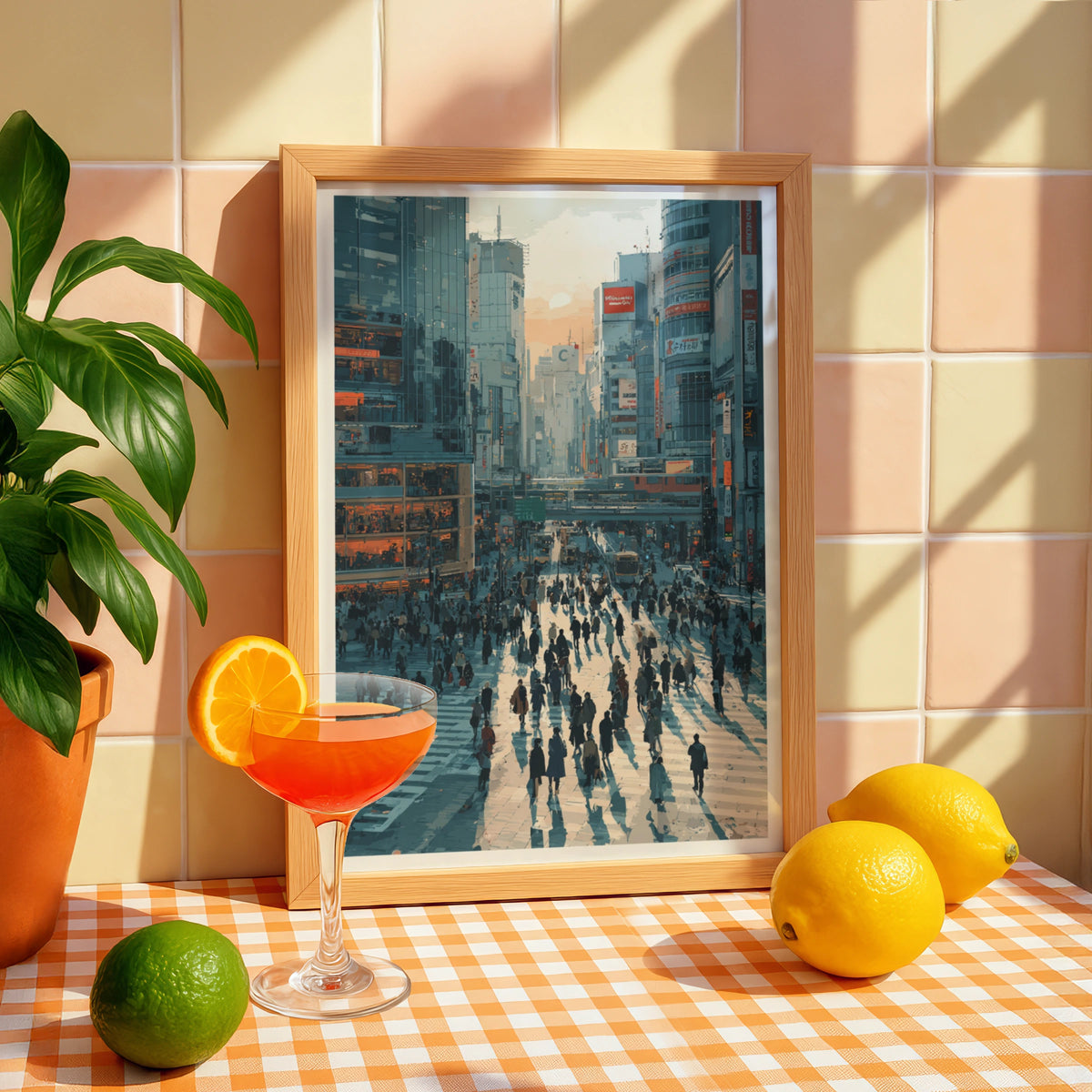Tokyo Street Scene Poster, Modern Japanese City Art, Urban Wall Art, Blue Orange Cityscape