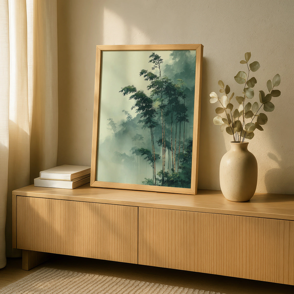 Japanese Bamboo Forest Poster, Misty Green Nature Wall Art, Botanical Zen Decor