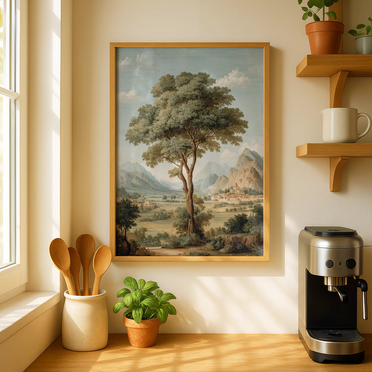 Ancient Tree Mountain Valley Poster, Classic European Landscape Art, Nature Wall Decor